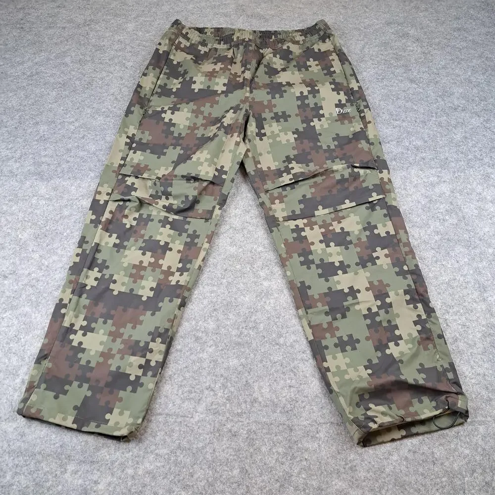 Dime Pants Mens Large Green Brown Puzzle Camo Track Zip Pockets Skate Outdoors